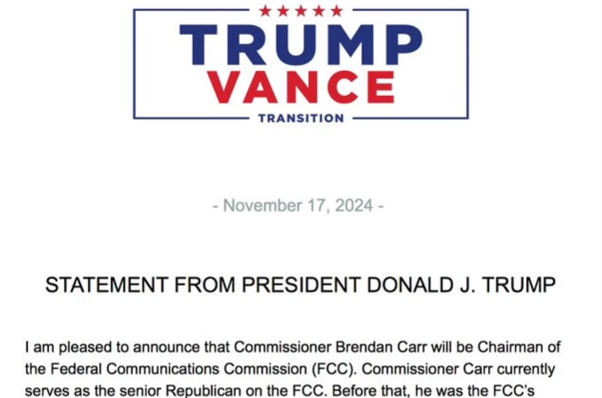 "Warrior for Free Speech", Trump Appoints Brendan Carr as New FCC Chairman